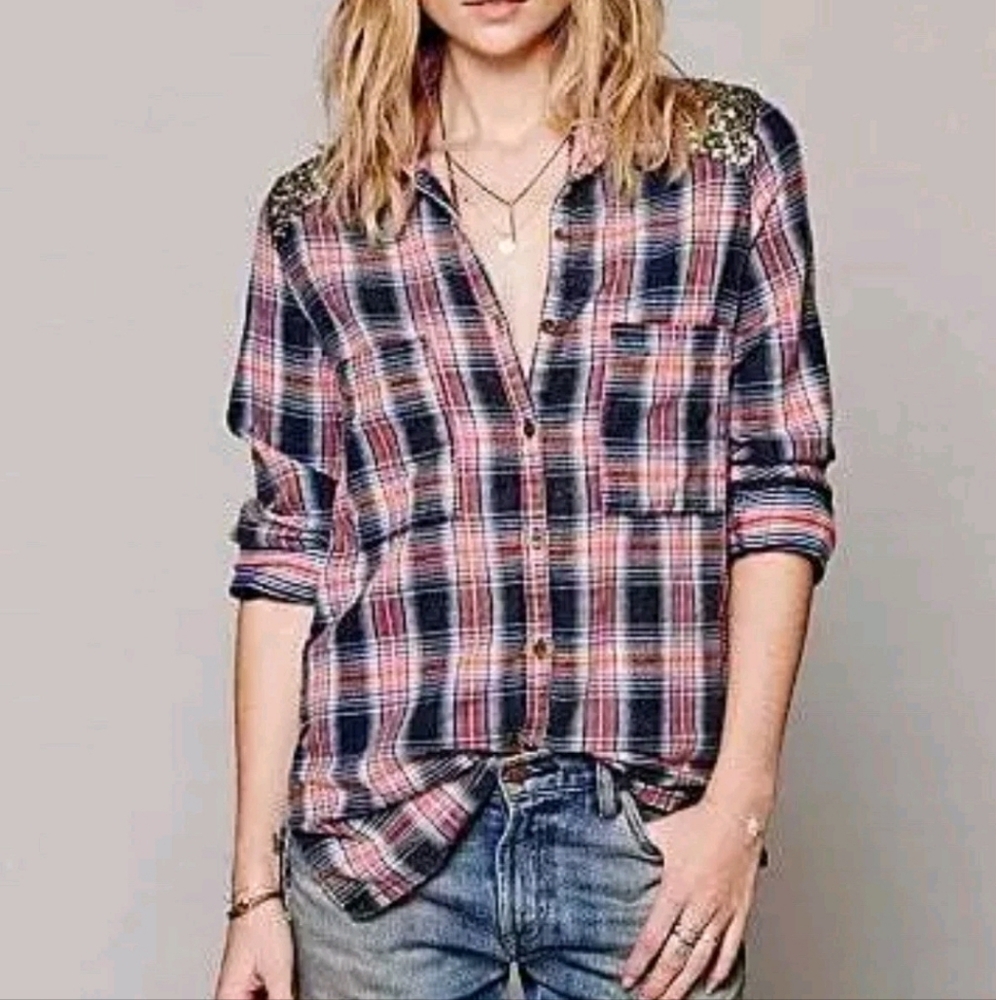 Free People Shirt Small Navy Plaid Sequin Embellished‎ Long Sleeve
